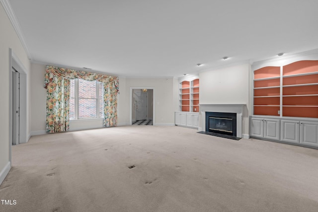 unfurnished living room with light colored carpet and ornamental molding