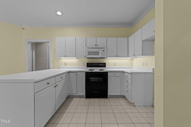 kitchen featuring light tile patterned floors, electric range, ornamental molding, kitchen peninsula, and white cabinets