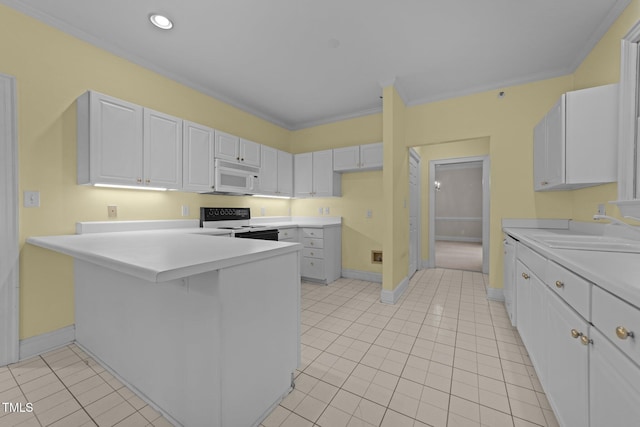 kitchen featuring white cabinetry, sink, ornamental molding, and range with electric cooktop