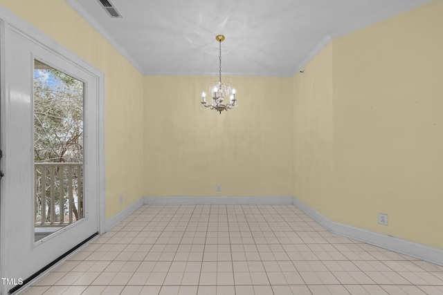 unfurnished dining area featuring an inviting chandelier, crown molding, a wealth of natural light, and light tile patterned flooring