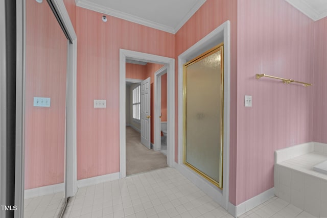 bathroom featuring independent shower and bath, ornamental molding, and tile patterned floors