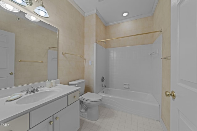 full bathroom with tiled shower / bath combo, tile patterned flooring, vanity, toilet, and crown molding