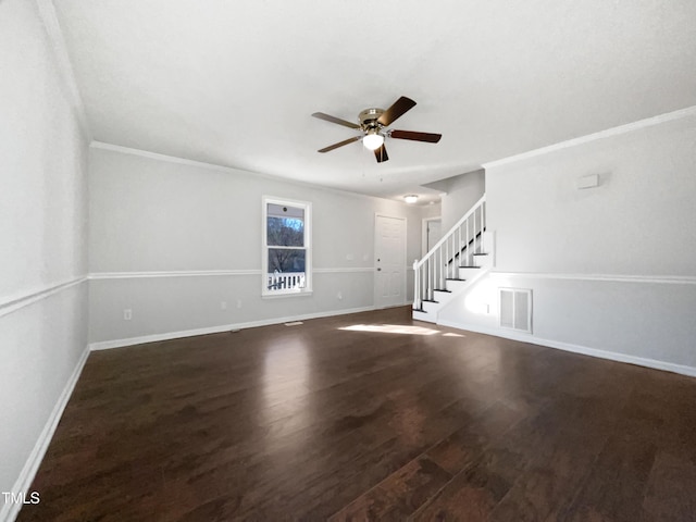 unfurnished living room with ceiling fan, crown molding, and dark hardwood / wood-style flooring