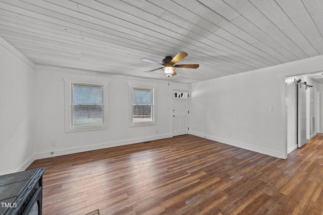 unfurnished room featuring crown molding, dark hardwood / wood-style floors, wood ceiling, and ceiling fan