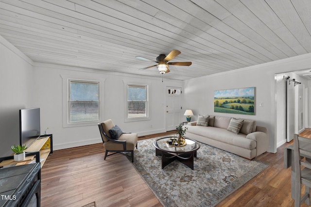 living room with dark hardwood / wood-style flooring, wood ceiling, ornamental molding, and ceiling fan