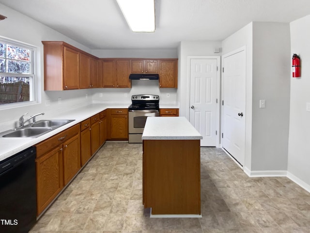 kitchen with a center island, black dishwasher, sink, and electric range