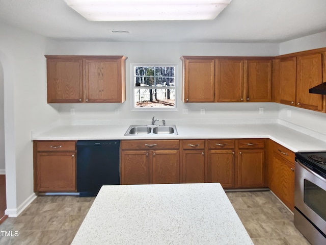 kitchen with black dishwasher, sink, and stainless steel electric range