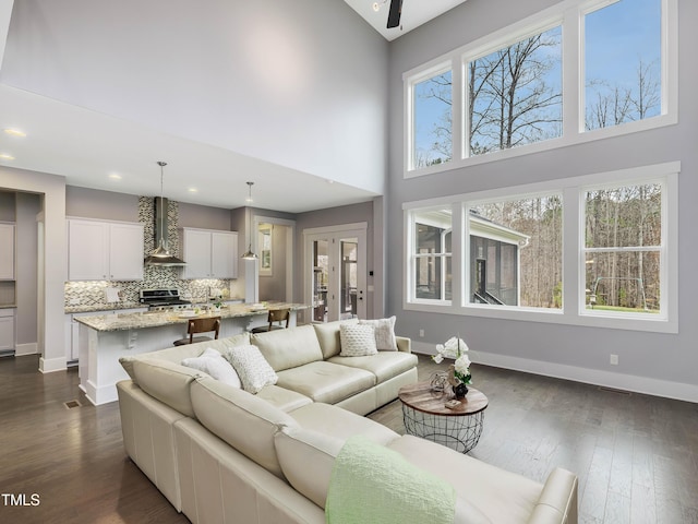 living room featuring dark wood-style floors, baseboards, and a towering ceiling