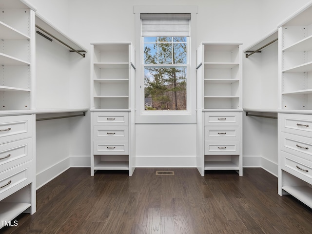 walk in closet with dark wood-type flooring