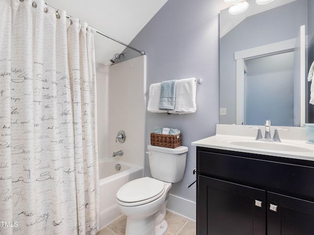 full bathroom with vanity, baseboards, shower / bath combo, tile patterned flooring, and toilet