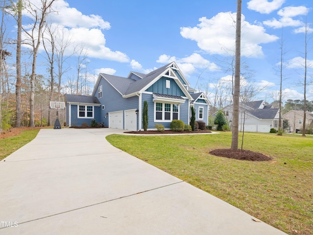 view of front of house with an attached garage, board and batten siding, concrete driveway, and a front lawn