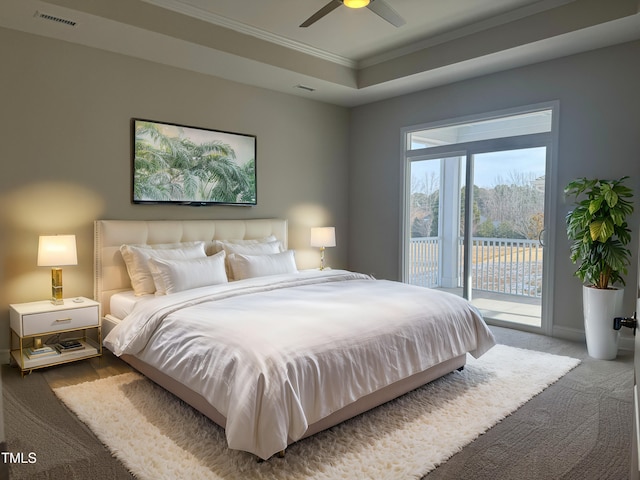 1315 Richfield Oaks Dr, Home, Fuquay Varina, NC 27526 - carpeted bedroom with crown molding, access to exterior, a tray ceiling, and ceiling fan