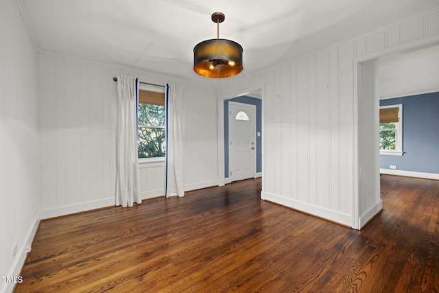 spare room with ornamental molding, a healthy amount of sunlight, and dark hardwood / wood-style flooring