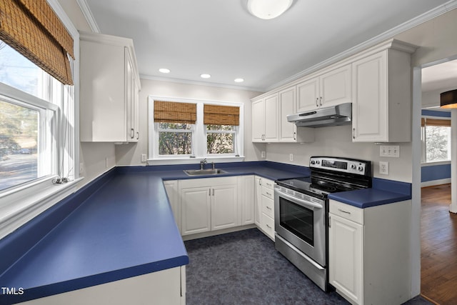 kitchen with sink, crown molding, white cabinetry, electric range, and dark hardwood / wood-style floors