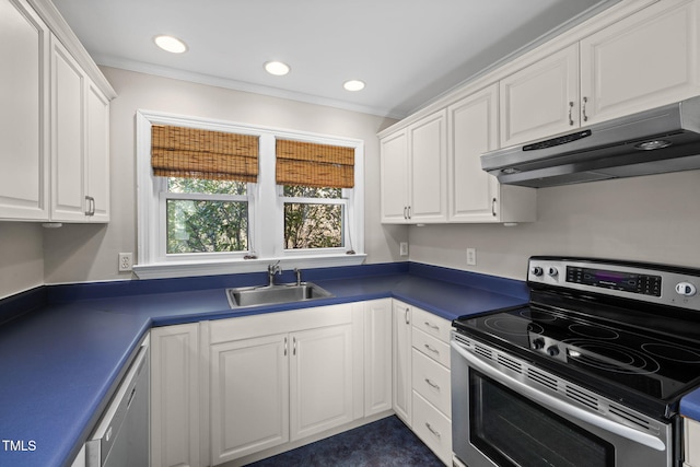 kitchen featuring ornamental molding, appliances with stainless steel finishes, sink, and white cabinets