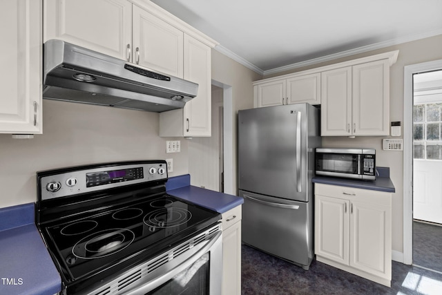 kitchen with stainless steel appliances, white cabinetry, and ornamental molding