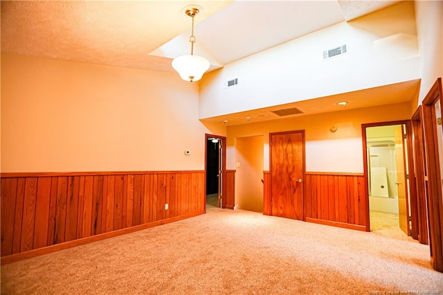 carpeted spare room with wooden walls and a high ceiling