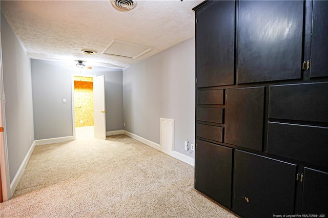 interior space featuring light colored carpet and a textured ceiling