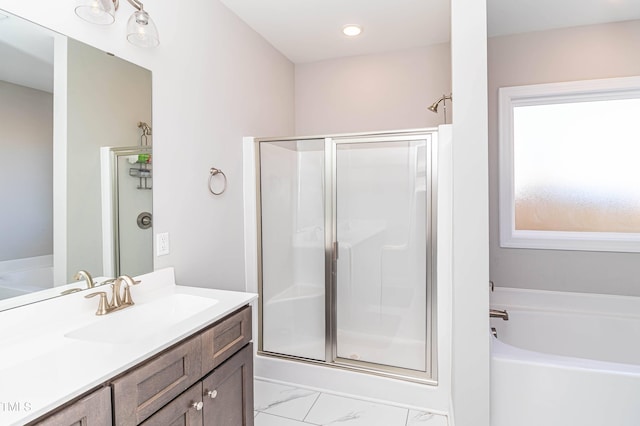 bathroom with vanity and plus walk in shower