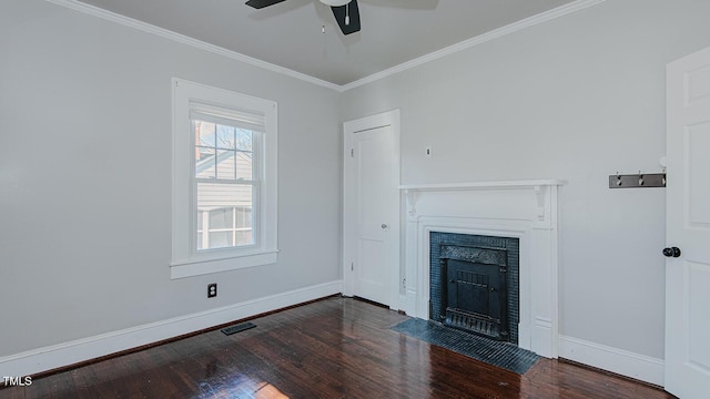 unfurnished living room featuring crown molding, hardwood / wood-style floors, a fireplace with flush hearth, and baseboards