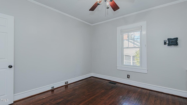 empty room featuring baseboards, visible vents, a ceiling fan, ornamental molding, and dark wood-style flooring