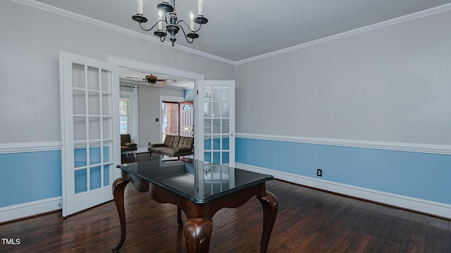 dining space with ornamental molding, french doors, dark wood finished floors, and baseboards