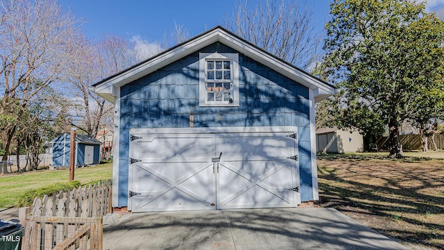 view of outbuilding with an outbuilding and fence