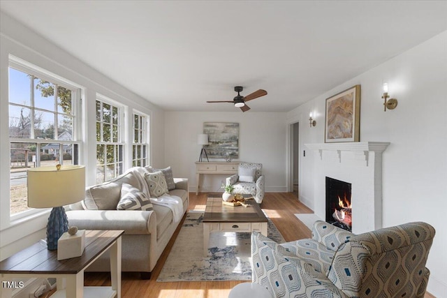 living room with ceiling fan and light hardwood / wood-style flooring