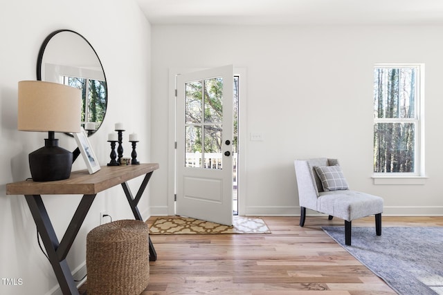 entryway featuring a wealth of natural light, vaulted ceiling, and light wood-type flooring