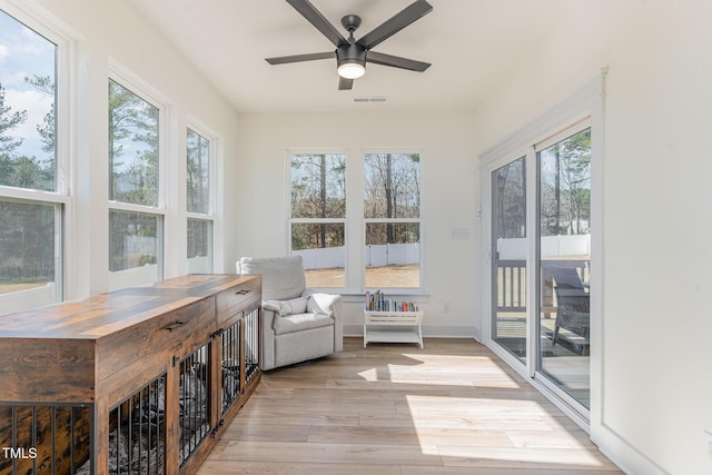 sunroom featuring ceiling fan