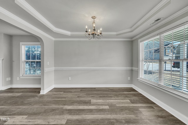 unfurnished room with dark hardwood / wood-style flooring, a raised ceiling, and a healthy amount of sunlight