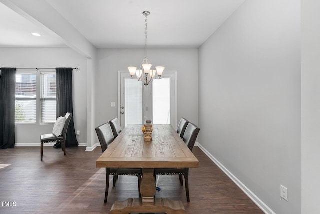 dining room featuring baseboards, a chandelier, dark wood-style flooring, and recessed lighting