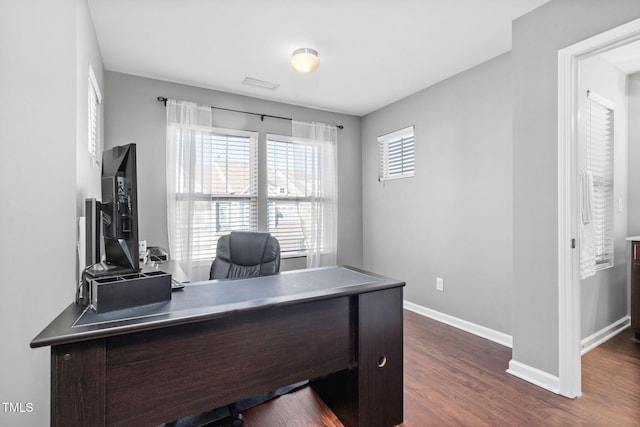 home office featuring dark wood-style floors, visible vents, and baseboards