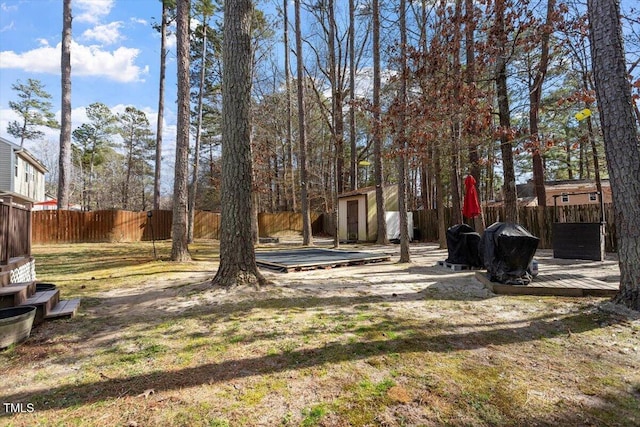 view of yard with a storage shed and a deck