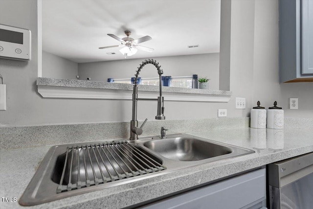 details featuring gray cabinetry, sink, dishwasher, and ceiling fan