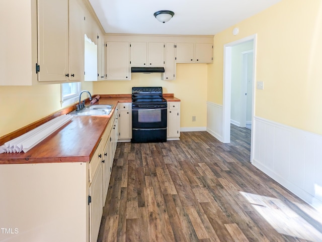 kitchen featuring wood counters, black range with electric stovetop, dark hardwood / wood-style flooring, and sink