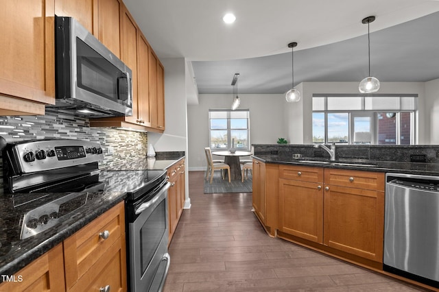 kitchen featuring tasteful backsplash, dark wood-type flooring, brown cabinets, appliances with stainless steel finishes, and a sink