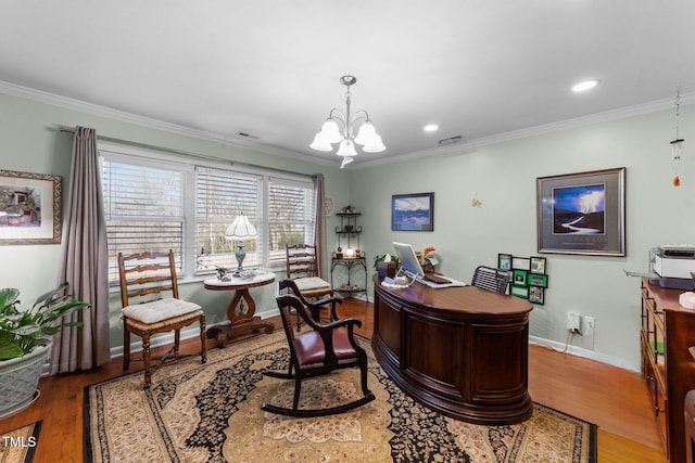 office space with crown molding, wood-type flooring, and a chandelier