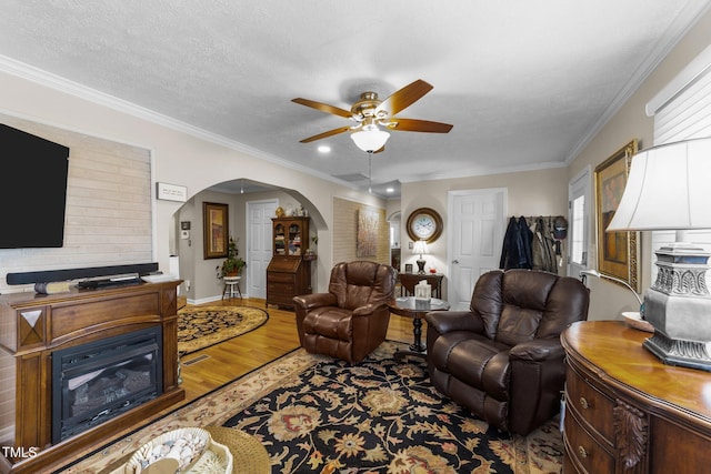 living room featuring ceiling fan, ornamental molding, wood-type flooring, and a textured ceiling