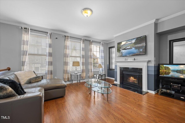 living room with hardwood / wood-style floors and ornamental molding