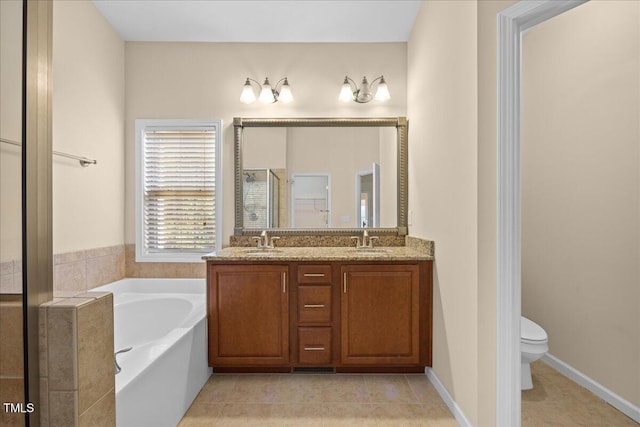 full bathroom featuring independent shower and bath, vanity, tile patterned floors, and toilet