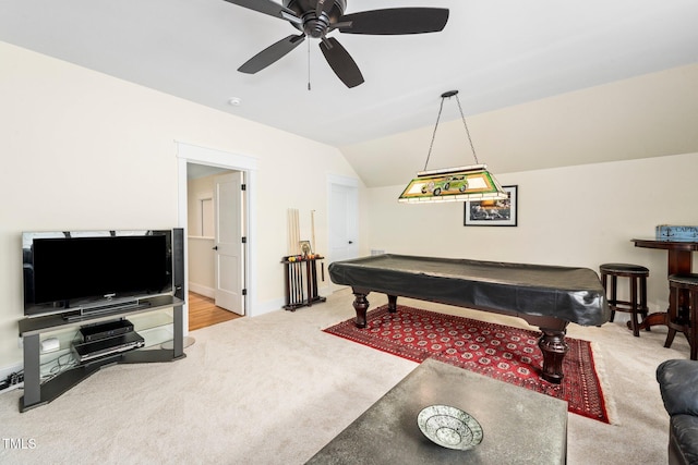 playroom with vaulted ceiling, billiards, ceiling fan, and carpet flooring