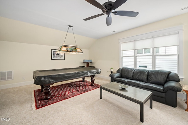 playroom with ceiling fan, billiards, lofted ceiling, and light carpet