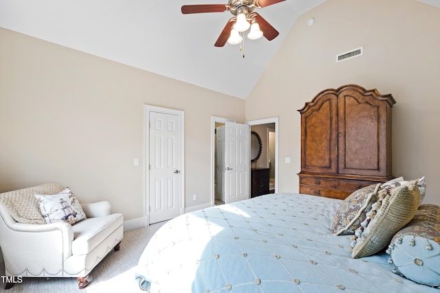 bedroom with high vaulted ceiling, carpet flooring, visible vents, baseboards, and a ceiling fan