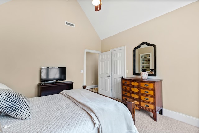 bedroom featuring baseboards, visible vents, ceiling fan, carpet flooring, and high vaulted ceiling