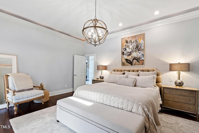 bedroom featuring a notable chandelier, crown molding, recessed lighting, wood finished floors, and baseboards