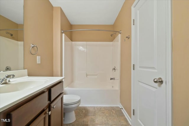 full bathroom with vanity,  shower combination, and toilet