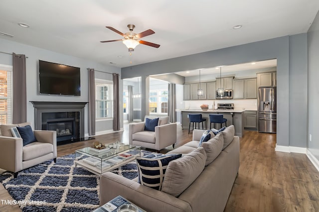 living room with hardwood / wood-style flooring and ceiling fan