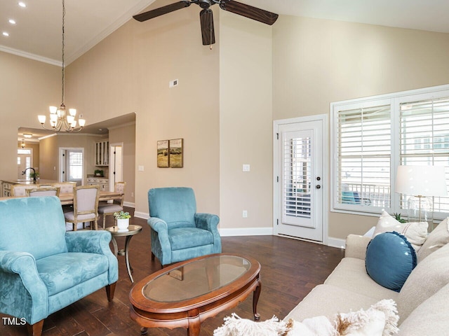 living room featuring ornamental molding, high vaulted ceiling, sink, and dark hardwood / wood-style flooring