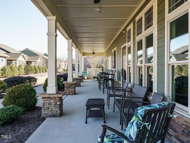 view of patio / terrace featuring ceiling fan and covered porch